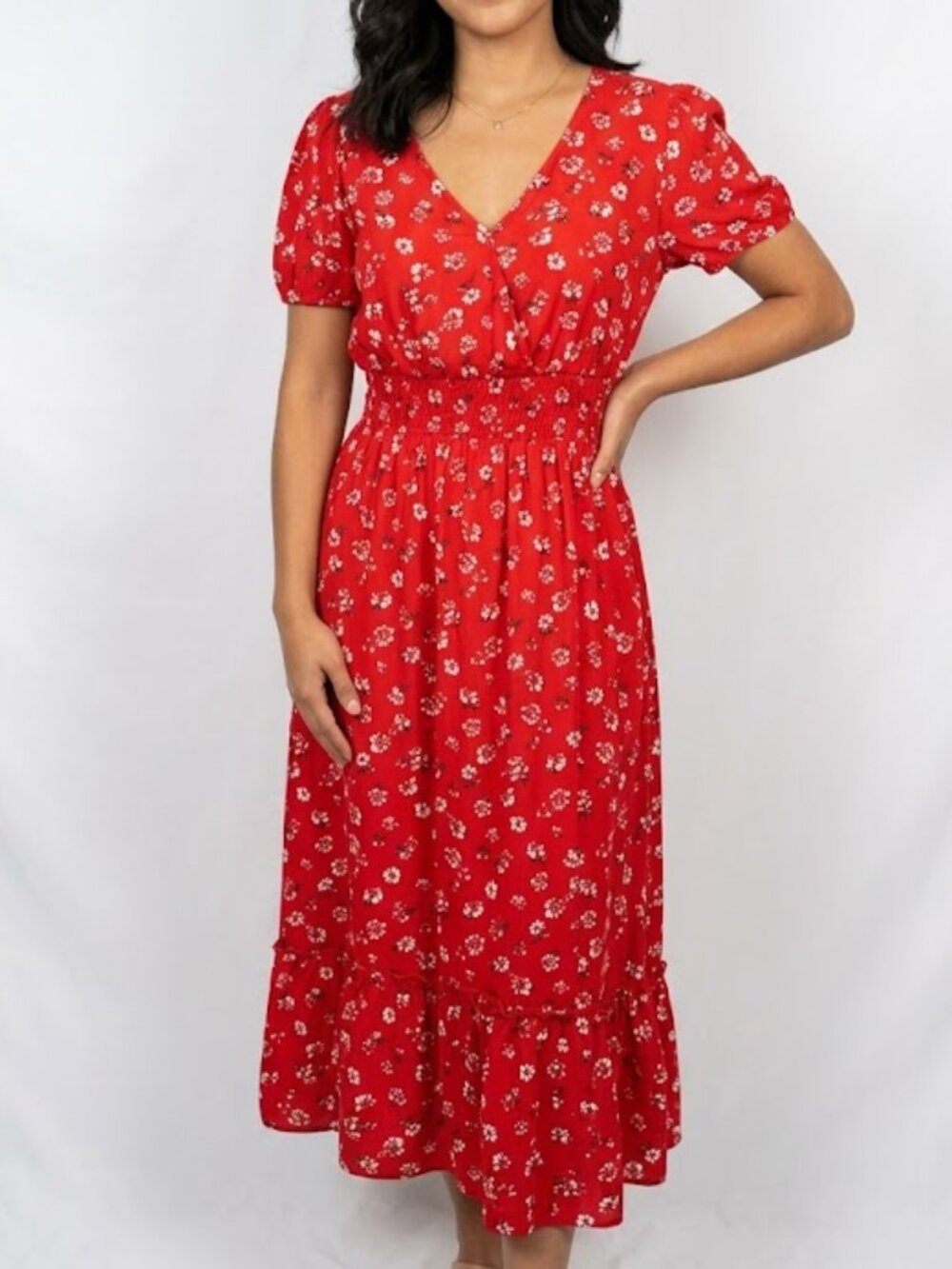Violet Skies Red Floral Smocked Waist Midi Dress Short Sleeve Ruffle Hem Size M